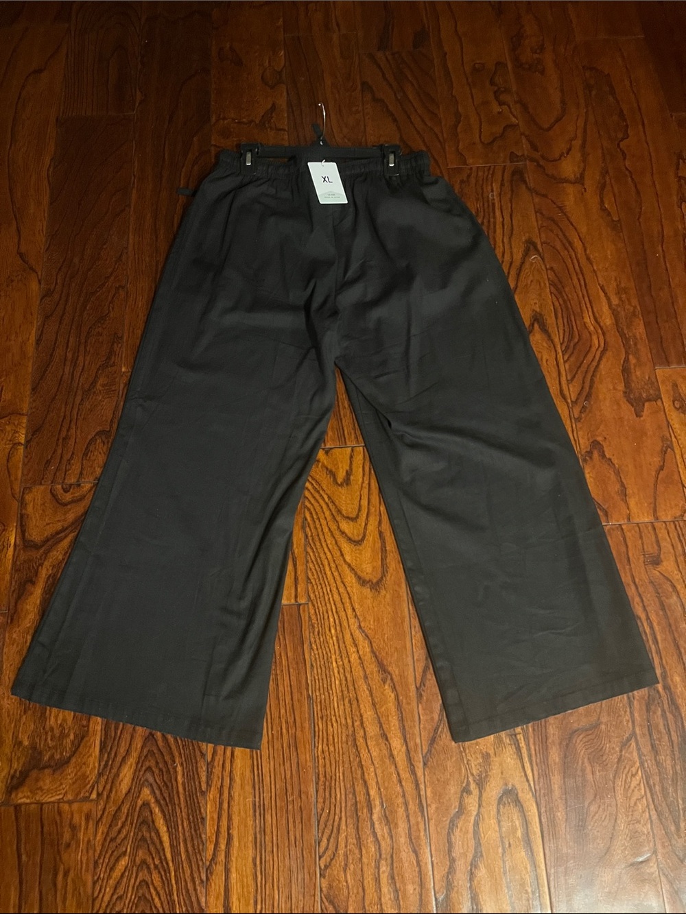 Linen and Cotton Blend Black Wide-Leg Drawstring Pants